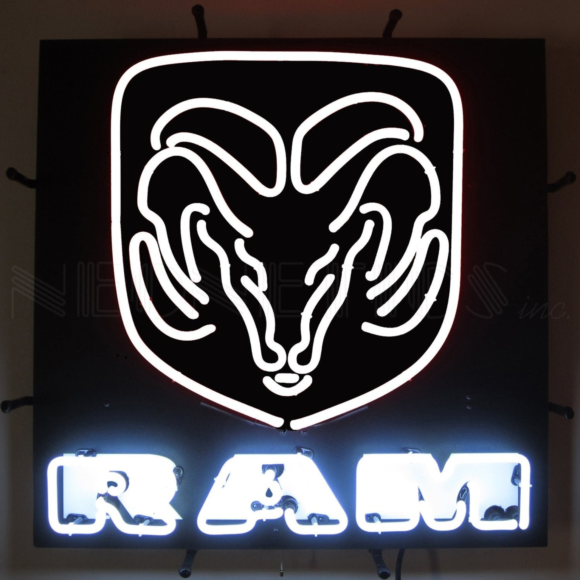 Striking RAM White Neon Sign featuring the iconic ram's head logo illuminated in brilliant white light, an electrifying addition to any modern decor.