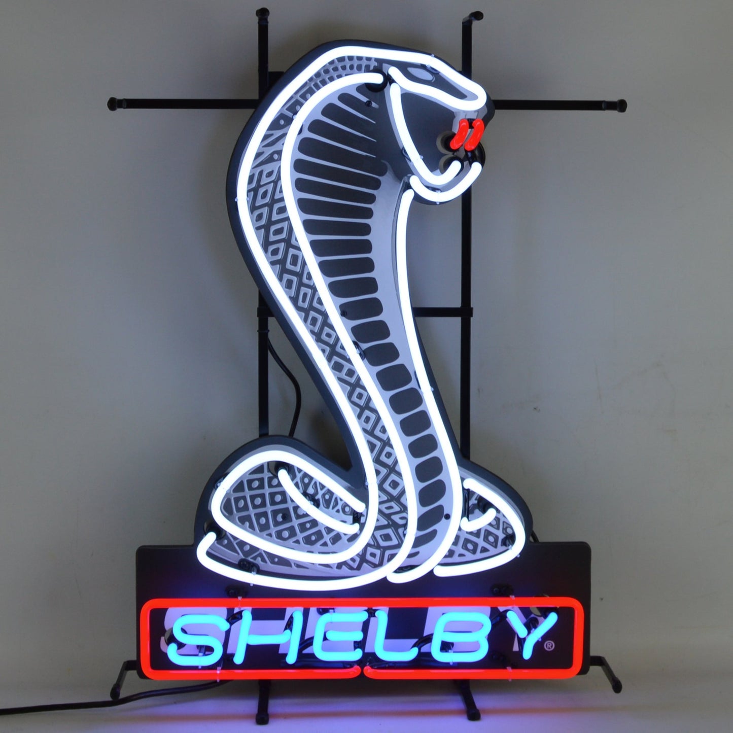 Shelby Cobra Neon Sign, 20 inches wide by 28 inches high, showcasing the iconic Shelby Cobra logo in neon lights.