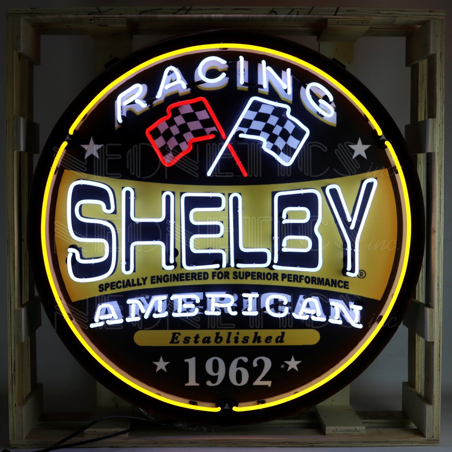 Shelby Racing Neon Sign in Steel Can, 36 inches wide and high with iconic racing insignia.