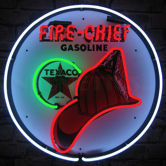 Dramatic Texaco Fire Chief Neon Sign featuring vibrant red, white, and green neon lights, capturing the essence of the vintage firefighter's helmet and Texaco branding.