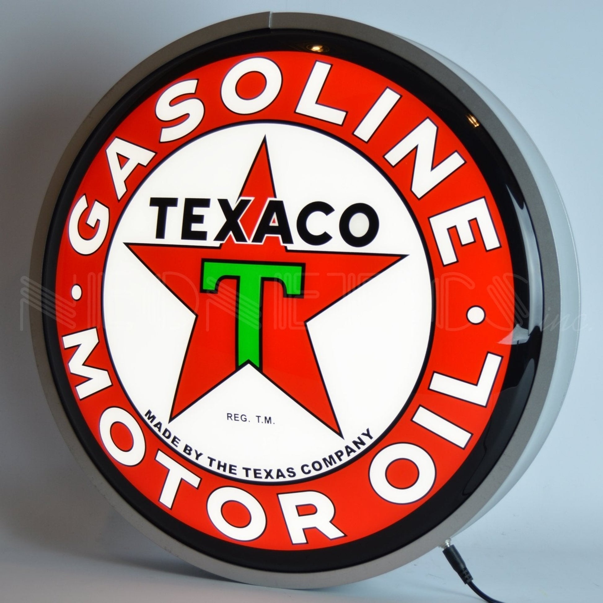 Round Texaco Gasoline Motor Oil LED Sign, featuring the iconic Texaco star in red, green, and white, ideal for vintage decor enthusiasts