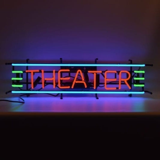 Colorful "Theater" neon sign in stylized fonts