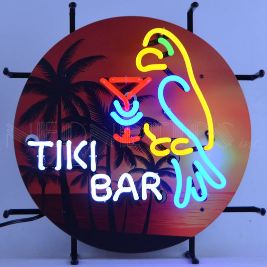 Vibrant Tiki Bar Junior Neon Sign with colorful parrot and palm tree design.