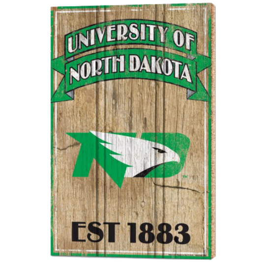 University of North Dakota est. 1883 vintage-style wood sign with emblem.