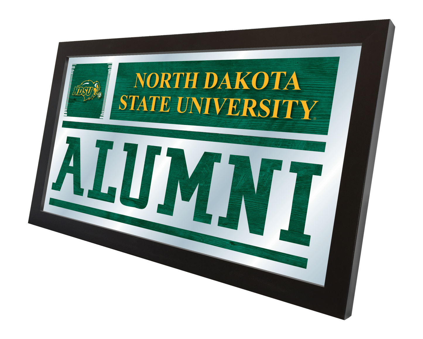 Angled perspective of North Dakota State University Alumni Mirror showing the depth and quality of the frame.