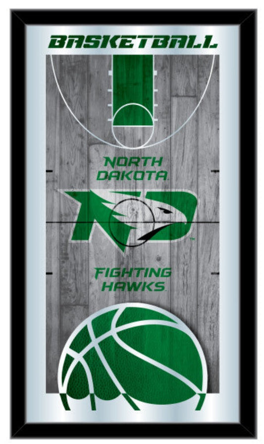 Front view of University of North Dakota Basketball Mirror with Fighting Hawks logo and court design.
