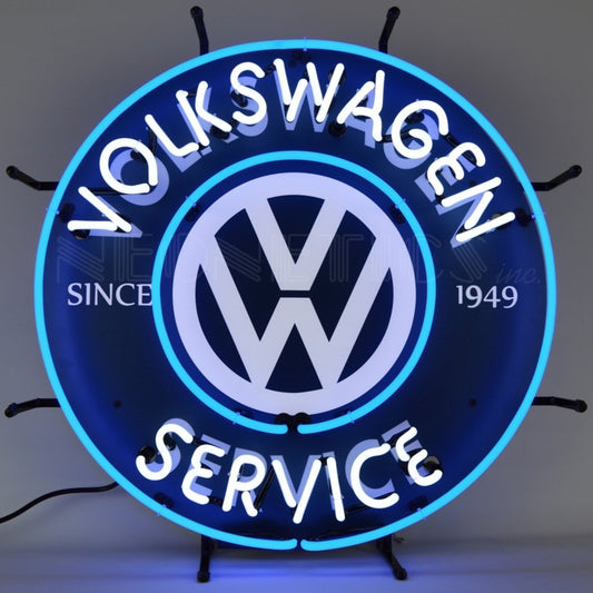 Time-honored Volkswagen Service Neon Sign featuring the iconic VW logo and blue neon glow, symbolizing a legacy of quality since 1949.