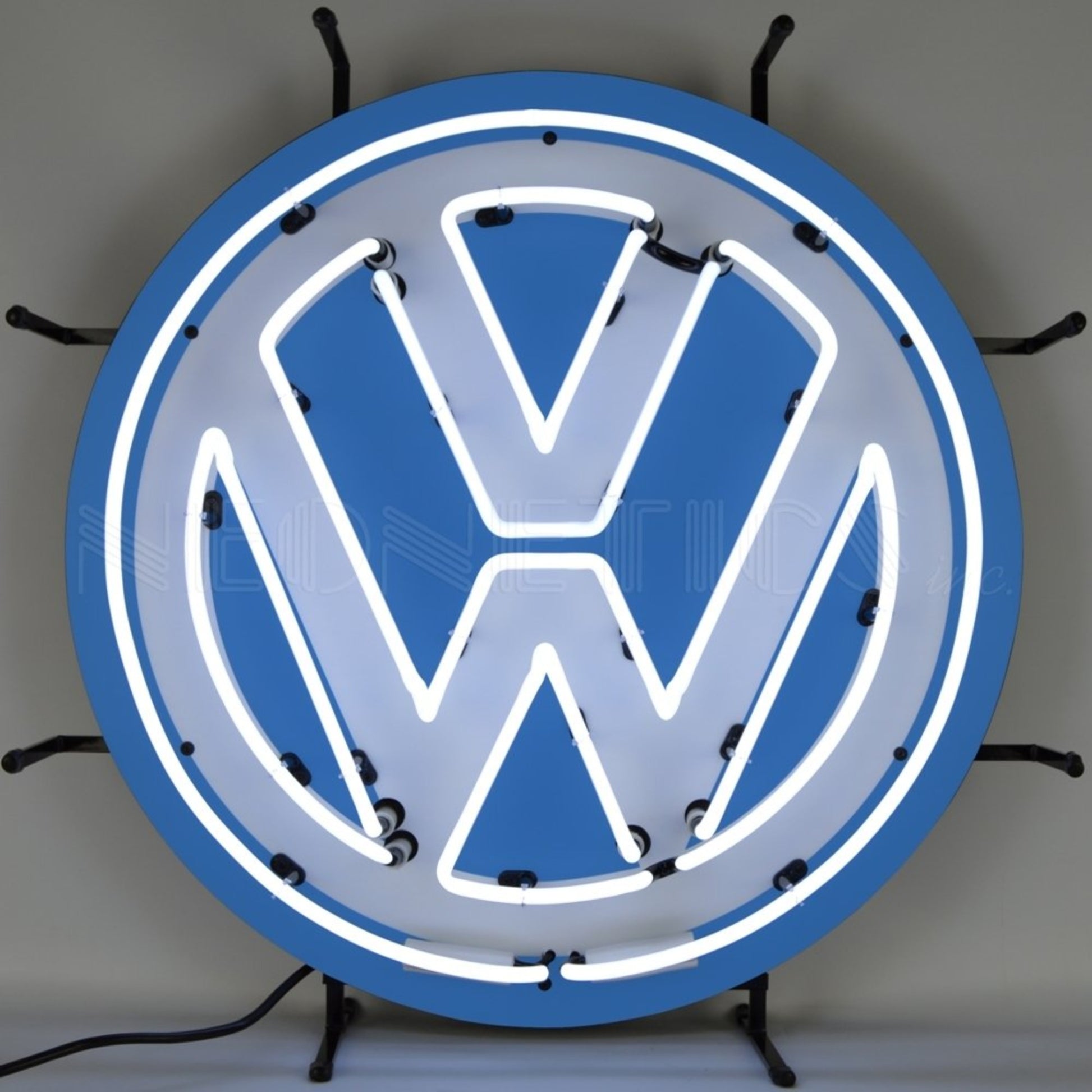Classic Volkswagen VW logo in a round neon sign, emitting a brilliant blue and white glow to elevate any automotive enthusiast's decor.