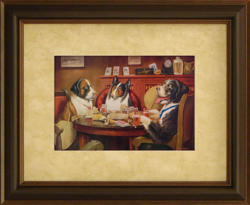 'Dogs in Deliberation' - 'Post Mortem' Framed Artwork depicting three dogs in earnest conversation, perfect for adding character to any room.